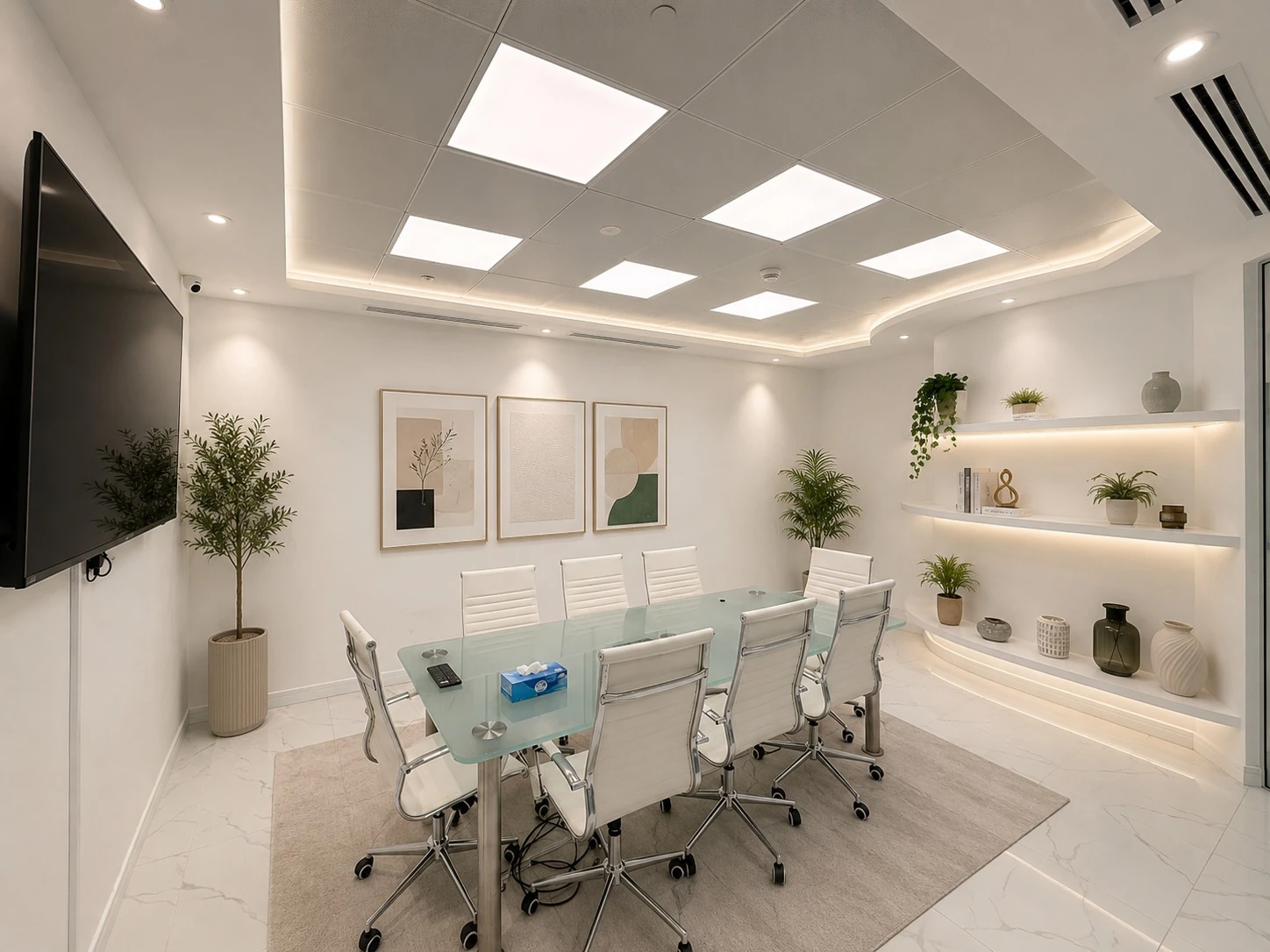 Modern meeting room with video conferencing setup at Aegis Coworking in ADGM Abu Dhabi